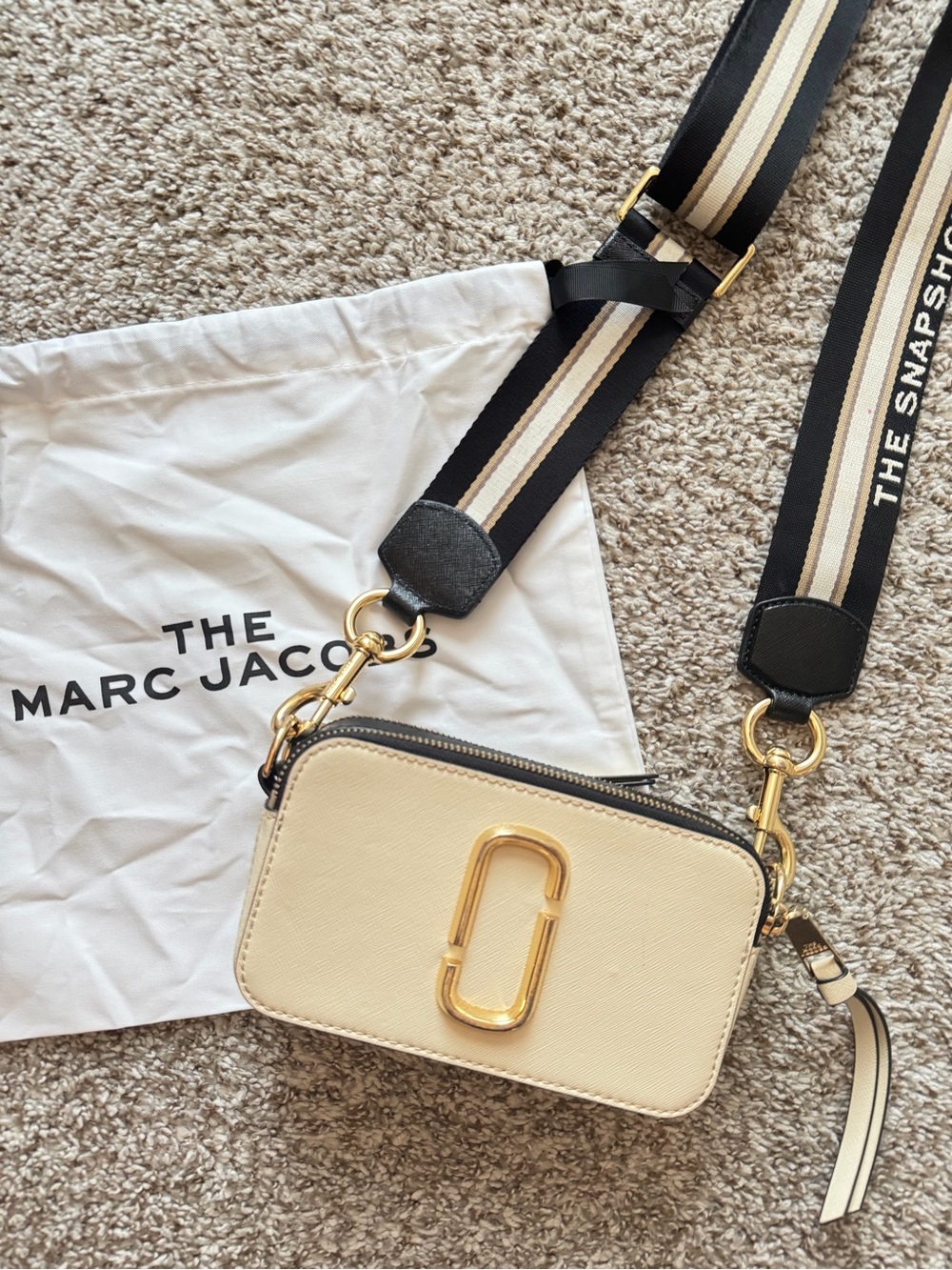Marc Jacobs Cream and Black Snapshot Crossbody with Striped Strap